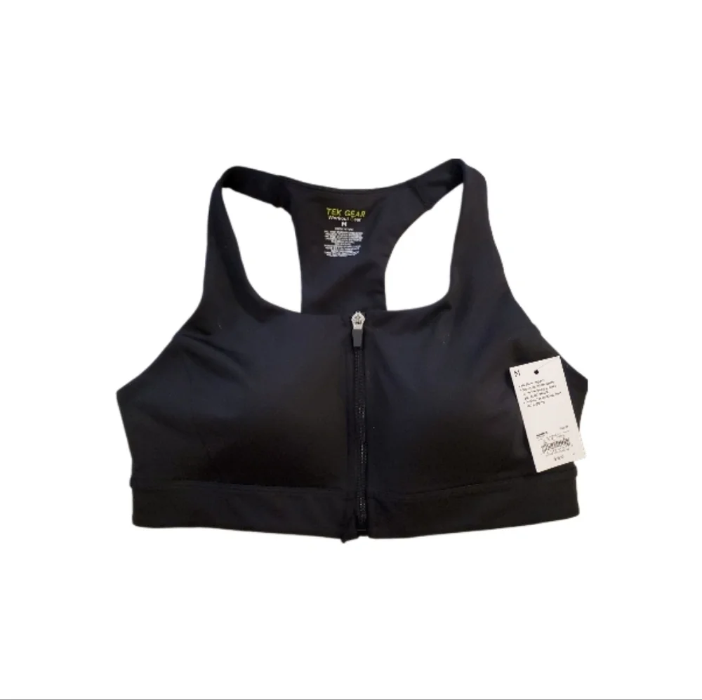 Tek Gear Women's Black‎ Medium Impact Front Zip Racerback Sports Bra Medium